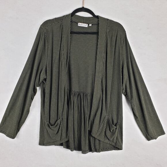 Habitat‎ Women's XL Open Front Waterfall Sweater Green Black Stripe Casual Layer - Picture 1 of 7